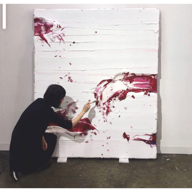 "The fundamentals of working up a painting in my training– building my own painting stretcher, stretching the raw canvas for priming and so on– had a big impact on how I approached my abstraction. I started to question: why painting? What is painting? What makes a painting, a painting? How can I create art in an unconventional way that is more related to daily life, that can allow me to be free, to celebrate, and to embrace unexpected processes, as in life? All this led me to my abstract, sculptural paintings today."